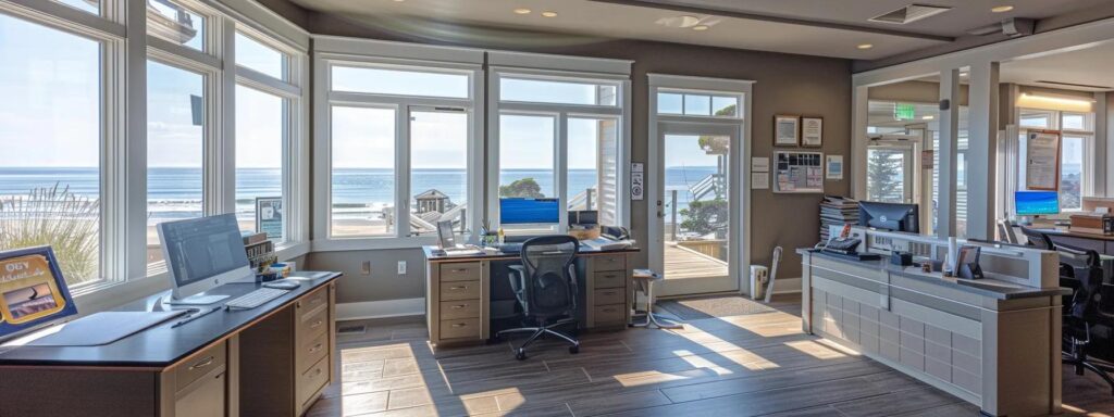 a bright and modern coastal office showcasing a professional roof cleaning service, featuring a large window view of beach homes and maintenance equipment neatly arranged, emphasizing the diverse options available for homeowners and business owners.