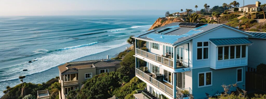 a bright coastal setting showcases a professional roof cleaning crew using advanced equipment to meticulously restore a beach home's roof, highlighting modern techniques amidst the backdrop of gleaming ocean views and charming decks.