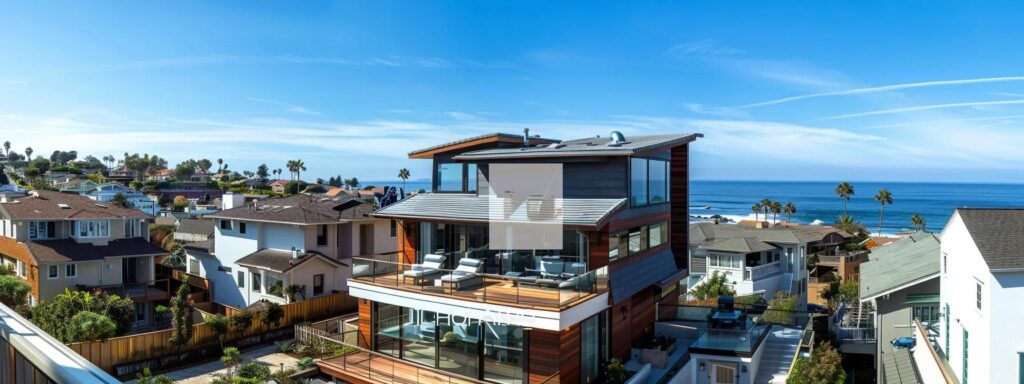 a pristine seaside home with a freshly cleaned roof gleams under bright coastal sunlight, showcasing a modern deck and sparkling gutters, set against an urban backdrop of beach houses in a clean and inviting neighborhood.