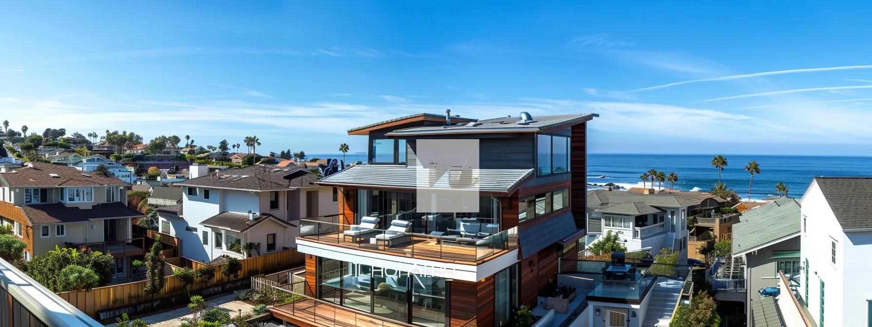 a pristine seaside home with a freshly cleaned roof gleams under bright coastal sunlight, showcasing a modern deck and sparkling gutters, set against an urban backdrop of beach houses in a clean and inviting neighborhood.