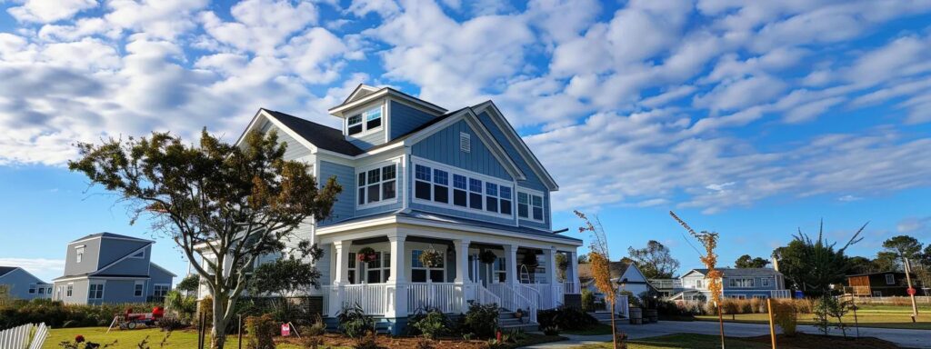 a professional-looking coastal home in millsboro showcases a sparkling clean roof, with a vibrant blue sky overhead and a modern roof cleaning truck parked nearby, emphasizing the importance of quality service and investment protection.